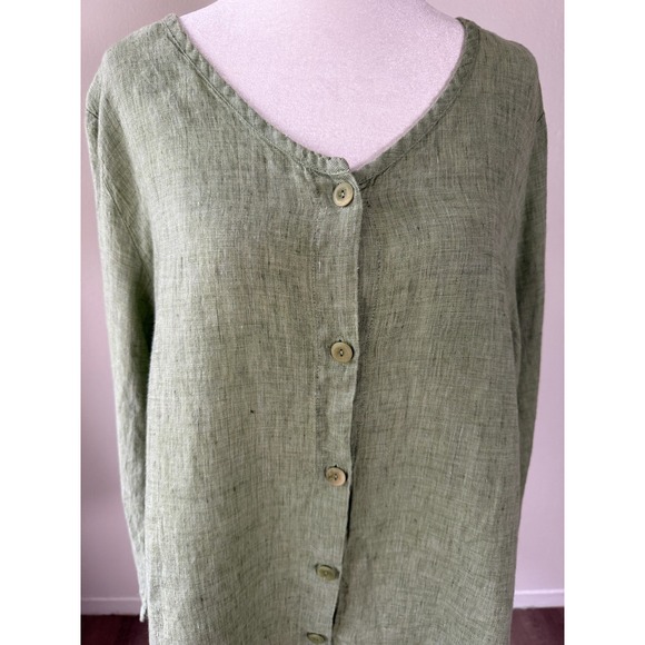 FLAX 1G Green Linen Button Front Top‎ Women 1X Lagenlook Minimalist Casual Artsy - Picture 6 of 15